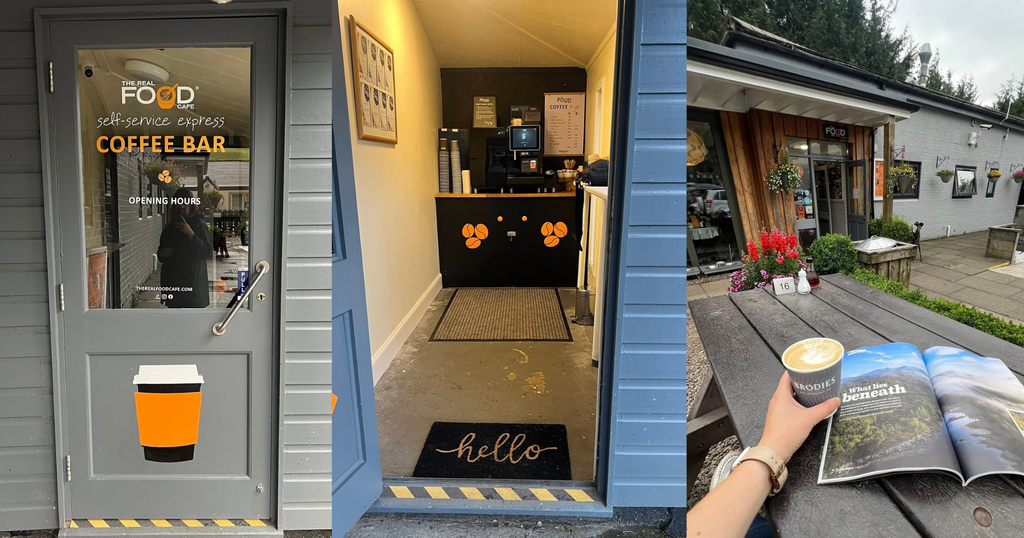 a collage from 3 photos of the real food cafes self-service coffee kiosk, photo of closed door, photos of the small room with one cupboard and coffee machine and photo holding a takeaway cup sitting outside reading a magazine